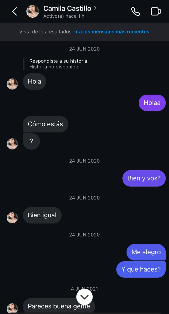 Captura de pantalla de nuestro primer chat de Instagram